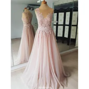 A-line Round Neck Sleeveless Lace Appliques Beading Long Tulle Prom Dresses, PD0562