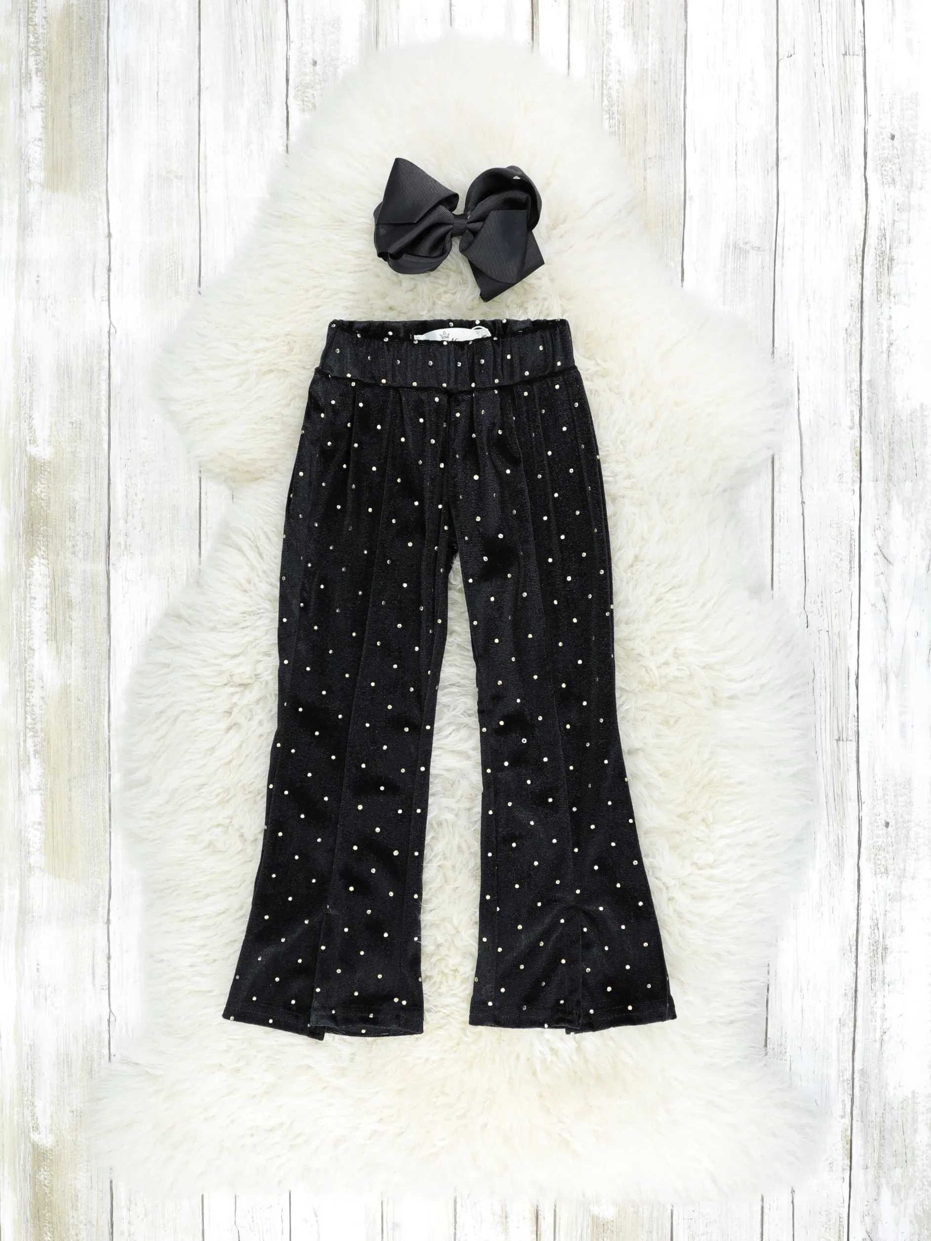 Black Polka Dotted Split Hem Velvet Bell Bottoms