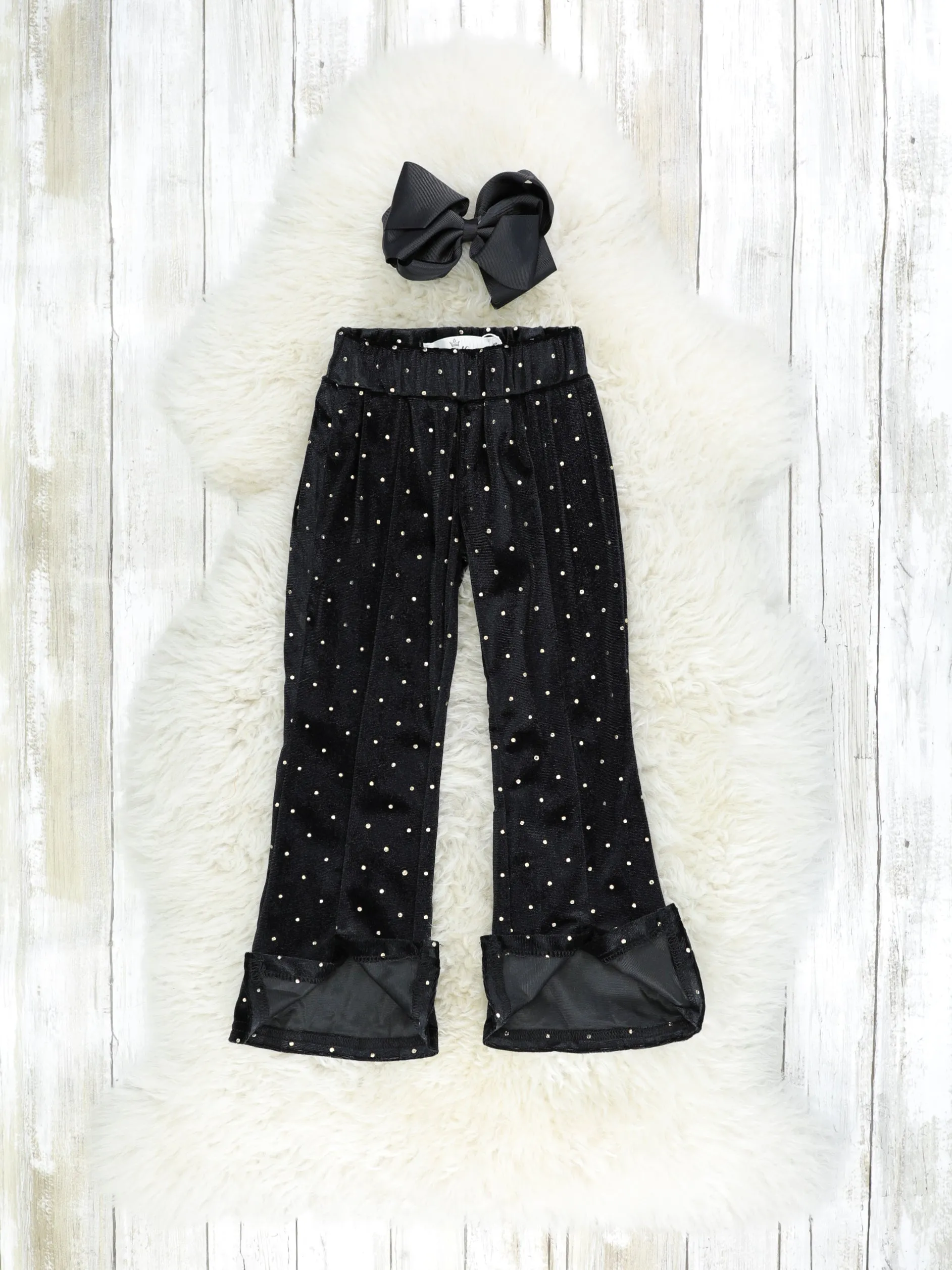 Black Polka Dotted Split Hem Velvet Bell Bottoms