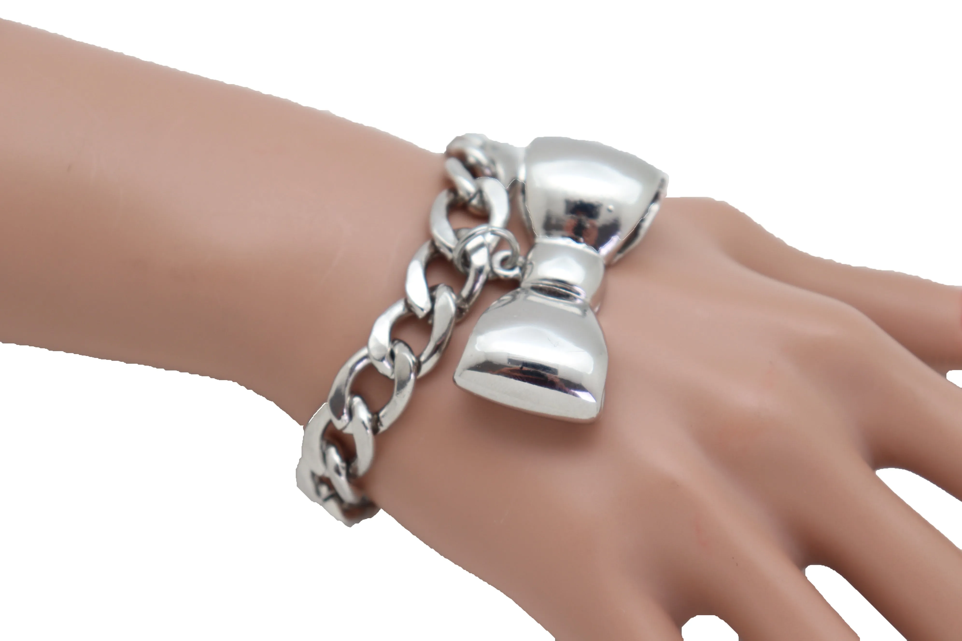 Bracelet Silver Metal Chain Link Bow Tie Ribbon Charm Gift