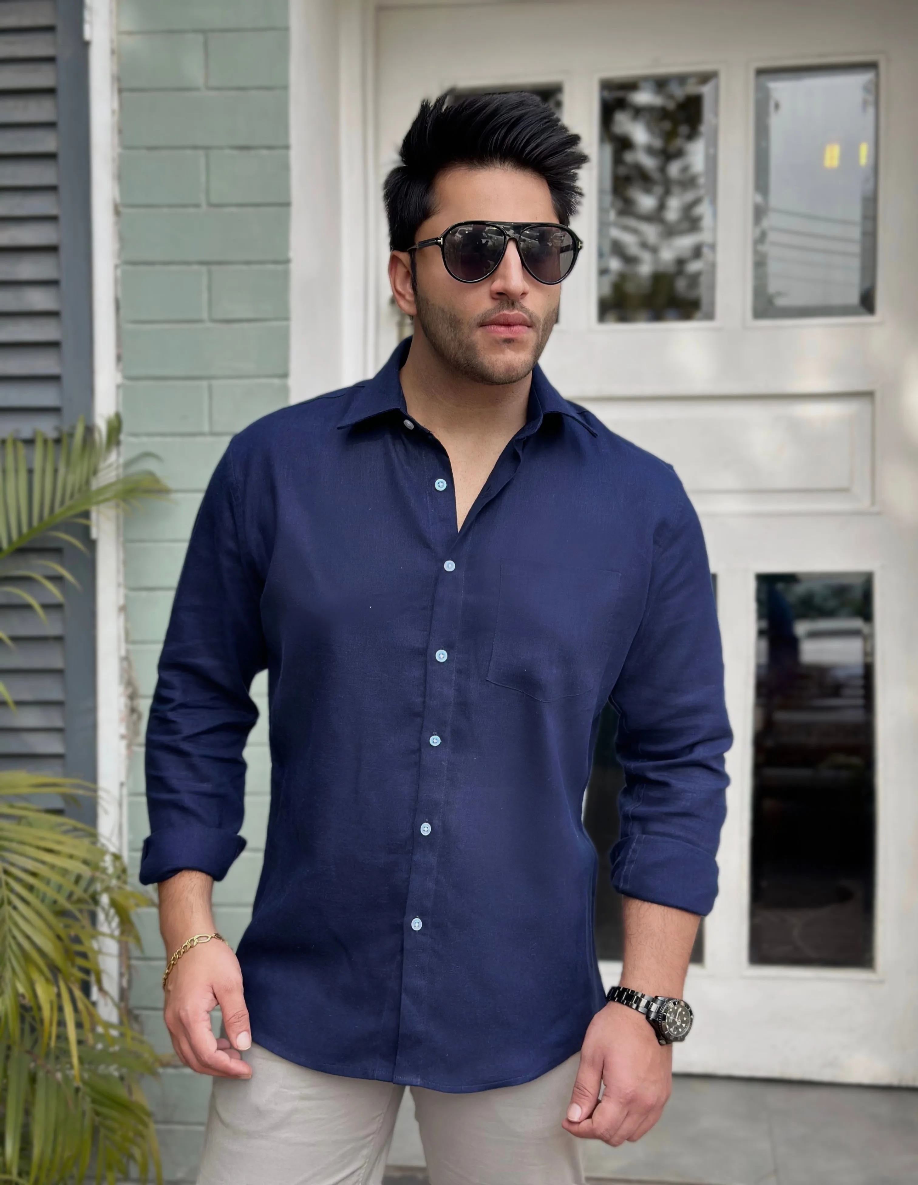 Dark Blue Linen Full Sleeve Shirt