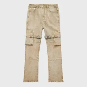 Distressed Strap Cargo Flare Denim Tan