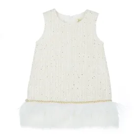 feather trim tweed dress in ivory