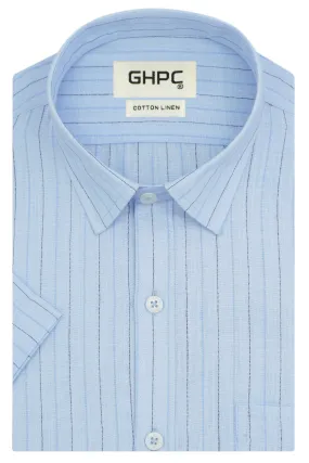 Men's Cotton Linen Striped Half Sleeves Shirt (Sky Blue)