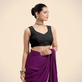 Nazia x Rozaana | Charcoal Black Sleeveless FlexiFit™ Saree Blouse with Front Open Curved V Neckline with Deep Back and Dori