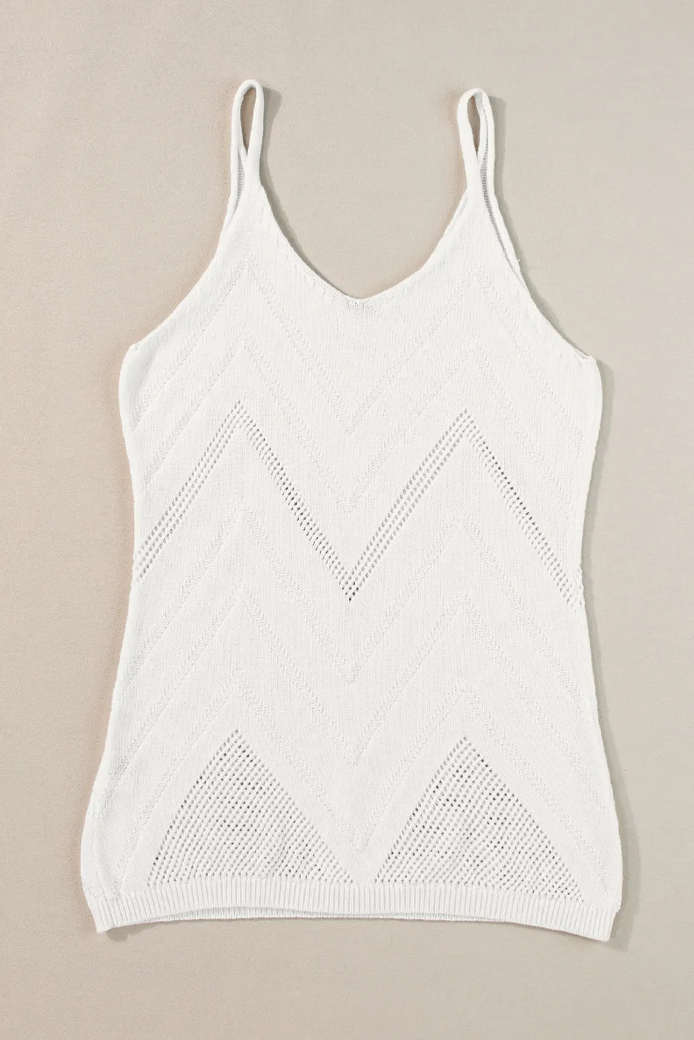 White Chevron Pointelle Knit Spaghetti Straps Sweater Vest