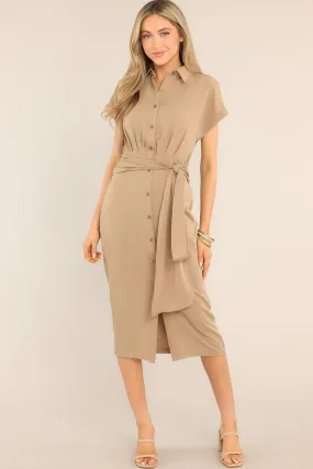 Working Together Tan Button Front Midi Dress